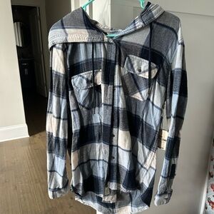 Blue and Gray Plaid Hooded Shirt